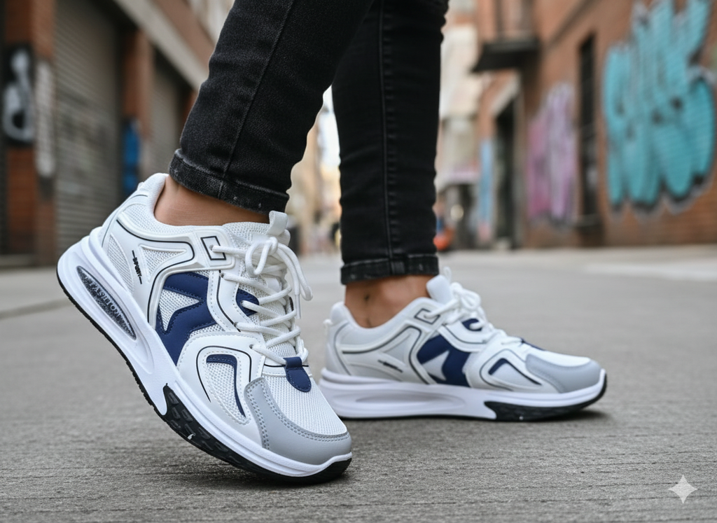 Men White Sneakers with Dark Blue Panels