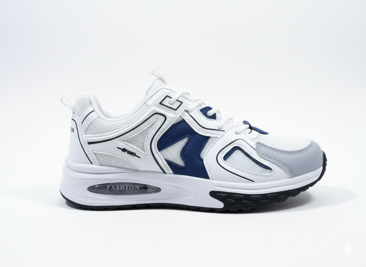 Men White Sneakers with Dark Blue Panels