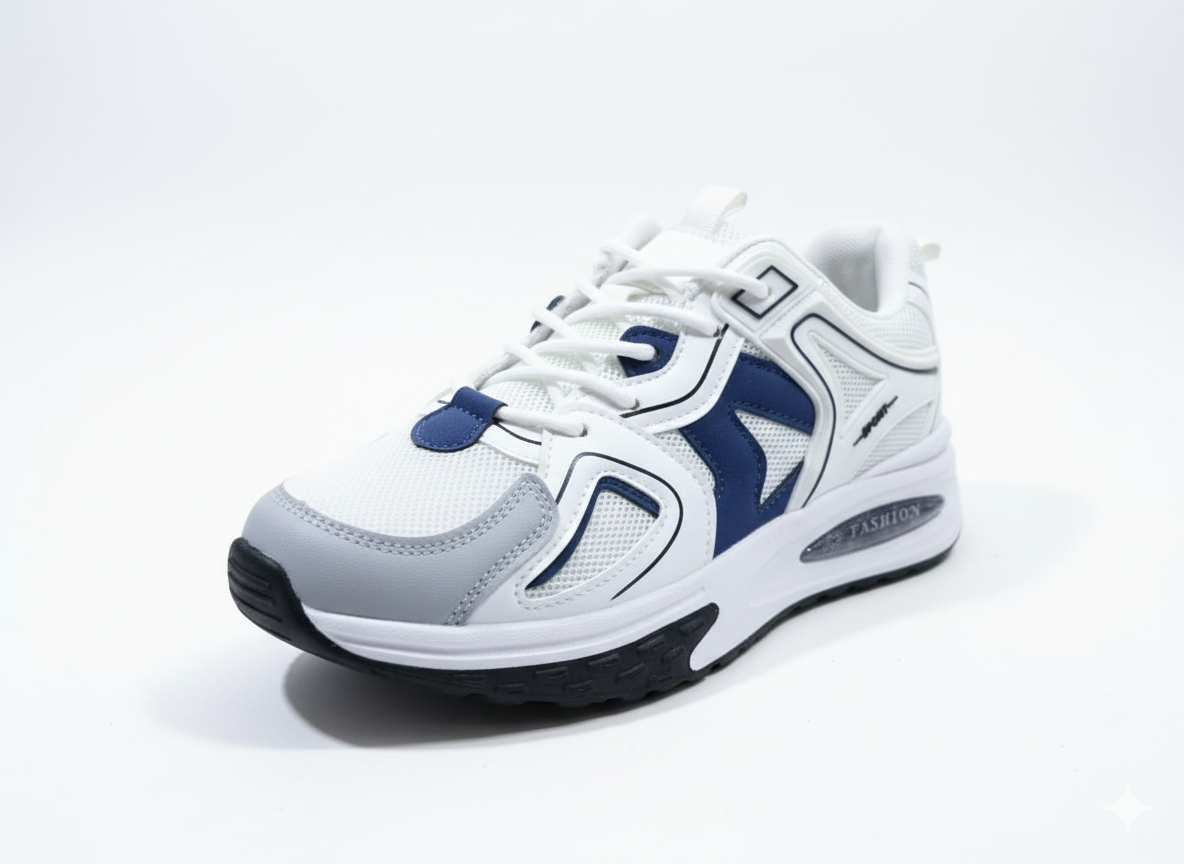 Men White Sneakers with Dark Blue Panels